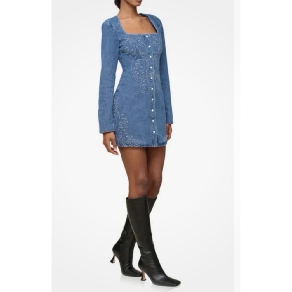 Dress - Avec Les Filles - Blue Denim - Western Boot-Like Embroidered Stitching - Picture 9 of 11